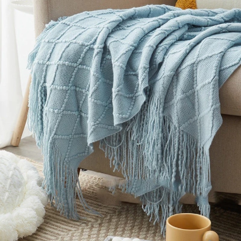파란색 부드러운 니트 담요, 프린지 장식과 큰 태슬이  - Home Textiles Plaid 리뷰 및 가격